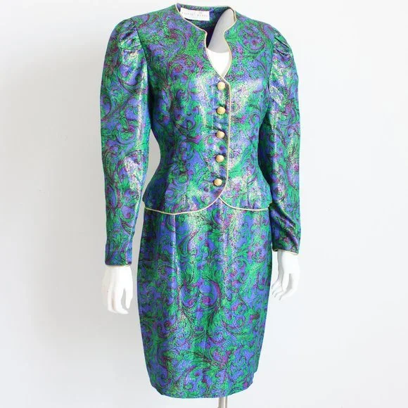 Lillie Rubin Jacket Skirt Suit 2pc Silk Jacquard Abstract Metallic Vintage - Picture 3 of 9